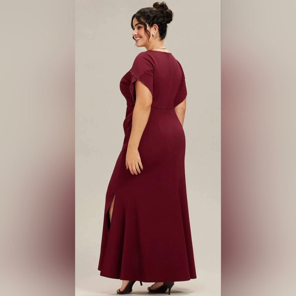 Burgundy V-Neck Maxi Dress, Tulip Sleeves, Adjustable Side Slit Sz 16 - Picture 3 of 14